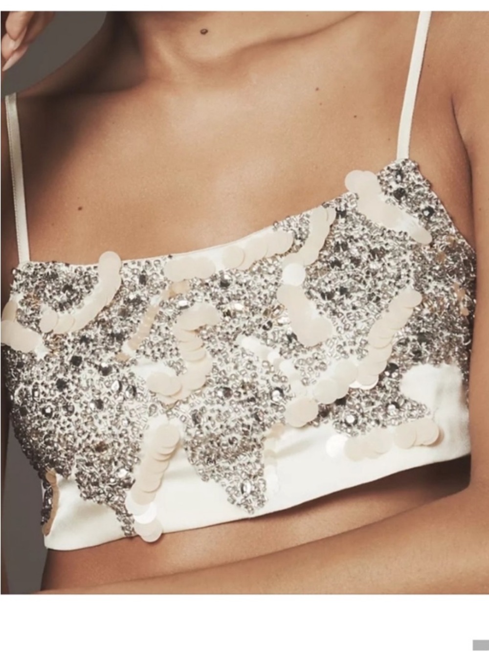 NEW ANTHROPOLOGIE Sequin Embellished Satin Crop Top - Silver & Ivory
